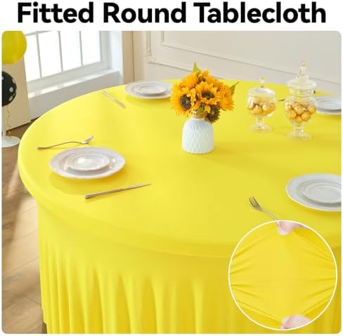 leegleri 6 Pack 72Inch Yellow Spandex Round Tablecloths, Stretchy 132inch Fitted 6FT Round Table Cloths, Wrinkle Free Table Cover with Skirt for Wedding Party Dining Banquet - Image 2