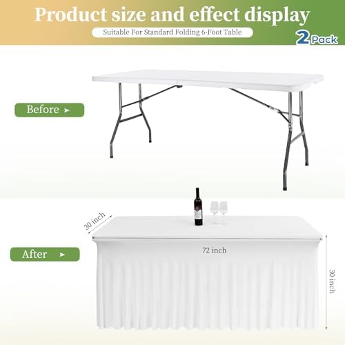 2 Pack White Spandex Table Skirts for 6 Ft Rectangular Tables - Image 3