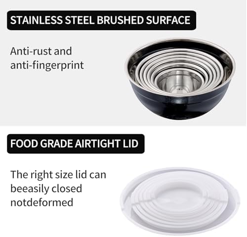 Black Mixing Bowls with Lids Set of 7, Stainless Steel Nesting Bowl with Khaki Lid for Non-slip Mixing Prepping Storing Serving, 7 Sizes-7/3.6/2.7/2.1/1.5/1/0.8 QT - Image 4