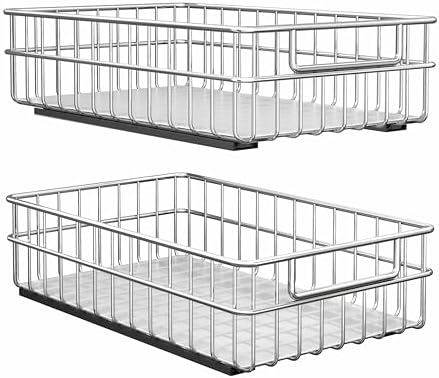 Pull out Cabinet Organizer, Stainless Steel 2-Pack (9.8"W x 16.5"D) Full-Extension Slide out Drawer, Adhesive Roll out Can Spice Storage Basket Shelf Rack for Pantry, Kitchen, Bathroom, Home Closet by Kitstorack
