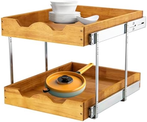 DINDON 2 Tier Wood Pull Out Cabinet Organizer (17" W x 18" D) Heavy-Duty Metal Sliding Drawer Shelf, Two Tier Pull Out Shelves for Kitchen Cabinets, Pantry, Bathroom… by DINDON