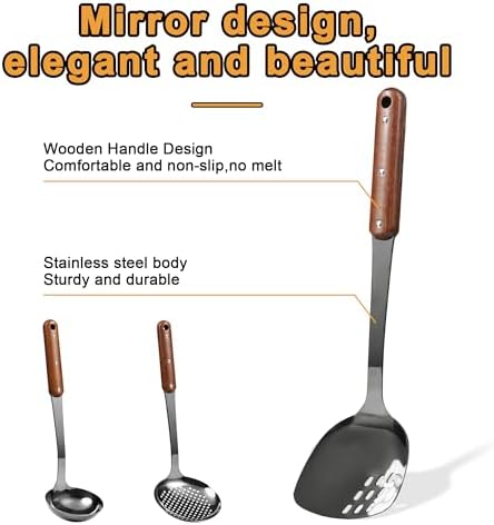FJNATINH Stainless Steel Wok Spatula,Ladle,Skimmer Ladle Tool Set,Mirror Polished Cooking Utensils with Wooden Handle,Easy to Clean Wok Accessories,Black 3 PCS - Image 2