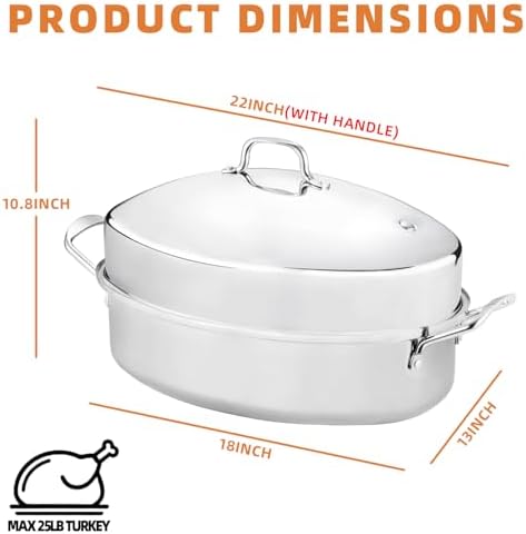 22” Large Roasting Pan with Rack and Lid,Oval Roaster Pan - Image 2