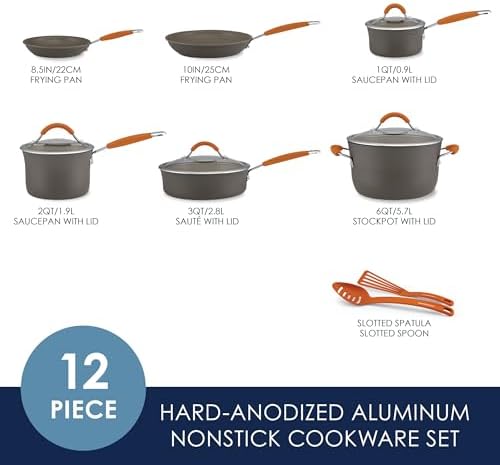 Rachael Ray Cucina Dishwasher-Safe Hard-Anodized Pots and Pans Set Non Stick Cookware, 12 Piece, Gray with Orange Handles - Image 2