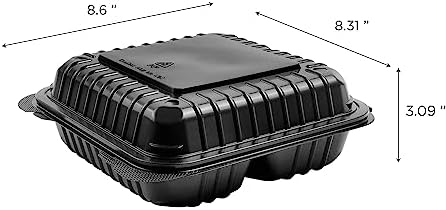Karat Clamshell Take Out Food Containers [8"x8" - 250 ct] 3-Compartment, Durable, Microwavable, Stackable, Crack-Resistant To Go Boxes | Black - Image 3