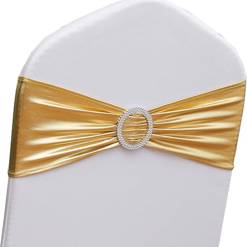 Gold Chair Sashes 100 Pack, Spandex Sashes for Chairs Wedding Reception, Stretch Chair Bands Bows for Party Banquet Theme Event Decor by GANKAR