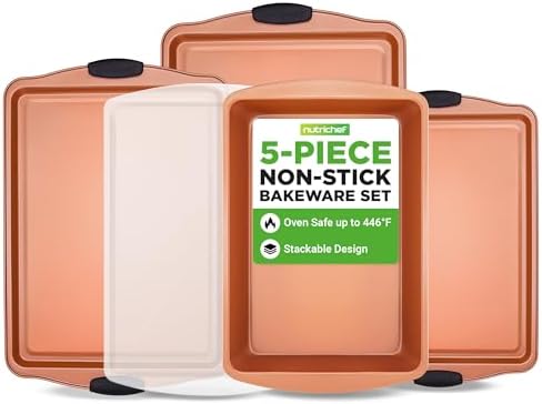NutriChef 5-Piece Bakeware Set – Premium Non-Stick, Stackable Kitchen Baking Pans with Silicone Handles – Includes 3 Cookie Sheets, Baking Pan & Lid – Perfect for Cakes, Cookies & Brownies by NutriChef%E2%84%A2Kitchen