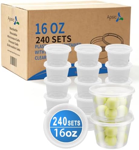 Plastic Deli Containers with Lids, 240 Sets 16 oz Leakproof Soup Cups | 16 oz Pint Container| BPA-Free| Microwave Freezer Safe| Sturdy and Airtight| for Takeout, Meal Prep, Slime, Snack by Apsic