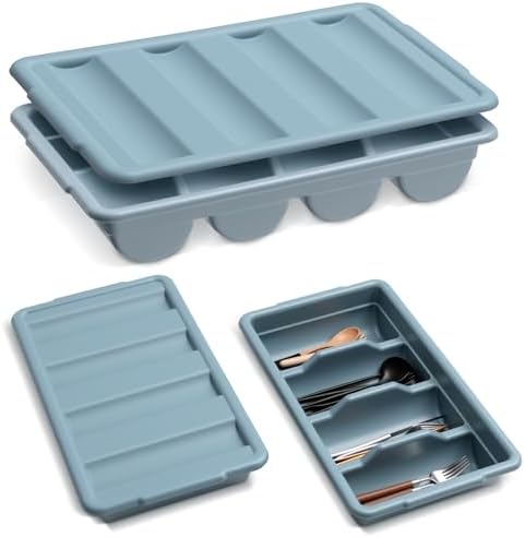 Maxdot 1 Pcs 20.5 x 11.9 x 3.7 Inch Silverware Organizer with Lid, Commercial 4-compartment Restaurant Kitchen Cutlery Tray, Plastic Silverware Storage Container, Condiments Holder (Grayish Blue) by Maxdot