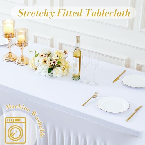 6 Pack White Table Cloth for 8 Foot Rectangle Tables Spandex Fitted Tablecloth 8ft Stretch Table Covers Skirt White Banquet Tablecloths Wrinkle Free Tablecloth for Party Wedding Birthday Event - Image 6