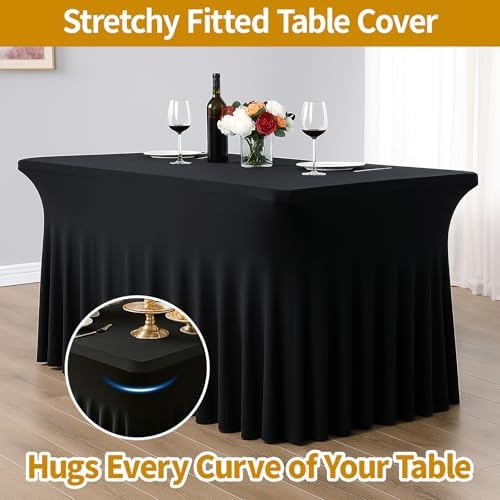 Deep Dream 2 Pack Black Spandex Table Covers 4 Foot, Fitted Stretch Tableclothes 24x48 Inch, Wrinkle Free 4FT Fitted Table Clothes with Skirt for Party, Banquet, Wedding and Events - Image 2