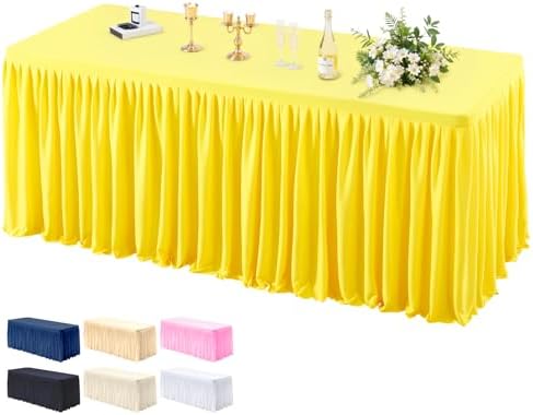 PARTISKY 1 Pack Yellow Tablecloths for Rectangle Tables 4ft, Wrinkle Resistant Spandex Table Cover Fitted Stretch Table Cloth with Pleated Ruffle Skirts for Party Banquet Dining Birthday Wedding by Partisky