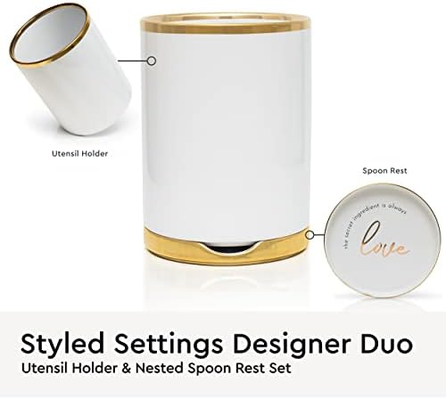STYLED SETTINGS White Utensil Holder with Built-In Ceramic Spoon Rest | 2-Piece White and Gold Spatula Holder, Kitchen Accessory, Utensils Not Included, White & Gold - Image 3