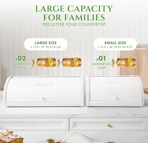 FINESSY Large Bread Box Roll Top, White Metal Bread Box For Kitchen Counter | Bread Box For Homemade Bread, Holds Two Loaves, Bagels & Muffins. White Metal Bread Box With Roll Top Lid 17.3 × 10.4 × 6.8 - Image 3