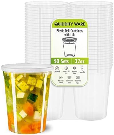 32oz-Deli Containers with Leakproof Lids-50 Pack BPA-Free Plastic Microwaveable Clear Food Storage Container Premium Heavy-Duty Quality, Freezer & Dishwasher Safe by QUIDDITY+WARE