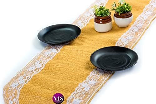 VDS Pack of 15, Burlap Table Runner with White Lace Edge, 100% Natural Jute Rustic Hessian Table Cloth Centerpiece for Wedding Birthday Party Banquet Table Decoration (Size 12X108 Inch)(Gold) by VDS