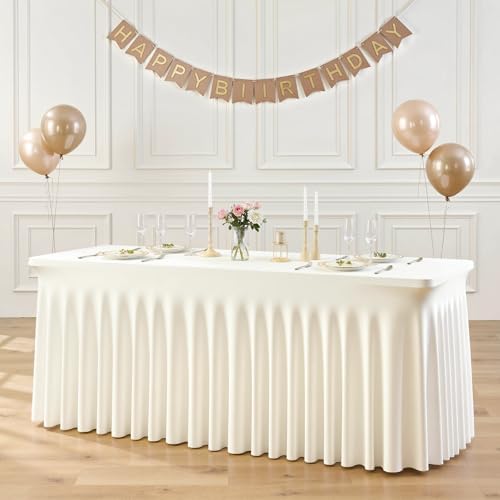 Suppromo 6ft Ivory Spandex Tablecloths for Rectangle Tables Wrinkle Free Ivory Table Cloth Rectangle Stretch Fitted Table Cover with Skirt for Wedding Birthday Party Banquet Baby Shower Buffet Event by Suppromo