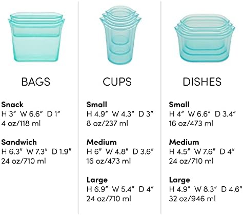 Zip Top Reusable Food Storage Containers Full Set of 8 Gray – Platinum Silicone Cups, Dishes & Bags – Microwave, Dishwasher & Freezer Safe – Made in USA, BPA-Free - Image 4