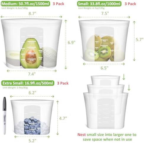 100% Silicone Reusable Storage Bag, 9 Pack Stand-Up Wide-Mouth Zip-Lock Food Storage Bags, Easy-Fill Easy-Open Easy-Clean Space-Saving, Microwave & Dishwasher Safe, 3 M/3 S/3 XS, Translucent - Image 3