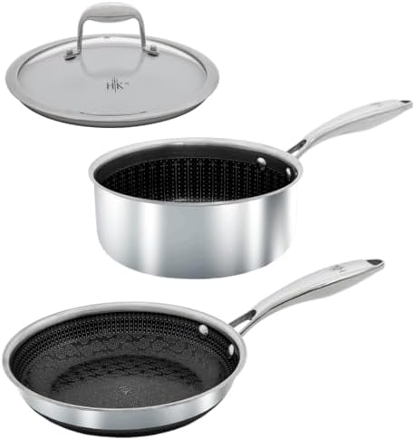 Hell’s Kitchen 3-Piece Hybrid Cookware Starter Set, Tri-Clad Stainless Steel & PFAS-Free Ceramic Nonstick, no PFOA, no PTFE, no Teflon, Non Toxic Cookware, Metal Utensil Safe, All cooktops & Oven Safe by HellsKitchen