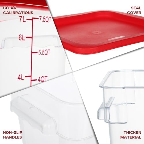 BIEAMA 4 Pack 8 Qt Square Food Storage Containers with Lids, NSF, Clear | Commercial polycarbonate containers with scale markings and handles; stackable for prep, brining, fermentation & bulk storage - Image 3