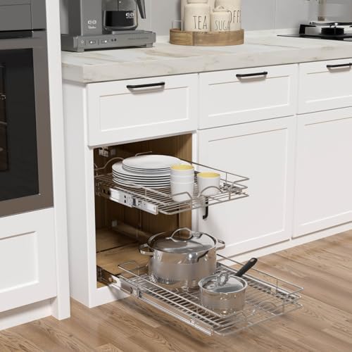 OCG 2 Tier Pull Out Cabinet Organizer (21.5" W x 18" D), Pull Out Shelves for Kitchen Cabinets, Slide Out Pantry Shelves for Base Cabinet Organization in Kitchen Bathroom Pantry, Chrome Finish - Image 4