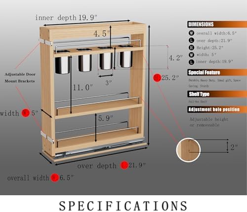 DINDON Pull Out Spice Rack Cabinet Organizer, (5" W x 21.9" D x 25.2" H) Multi-Use Soild Wood Pull Out Cabinet Organizer With 4 Movable Stainless Steel Cutlery Storage Buckets for Kitchen Organization - Image 3