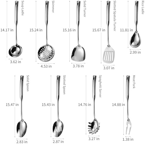 Izurok Kitchen Utensil Set, 9-Piece Cooking Utensil Set,Include 304 Stainless Steel Spatula Skimmer, Soup Ladle, Spaghetti Server,Slotted & Solid Spoon, Slotted Spatula Turner, Meat Fork(Silver） - Image 2