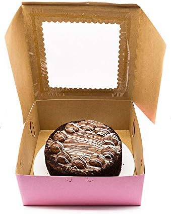 Made in USA 10" X 10" X 4" Recycled Pink Kraft Cake Box with Scalloped Window & 10" Round Cake Boards (Pack of 10 – Front Loading) - Image 5