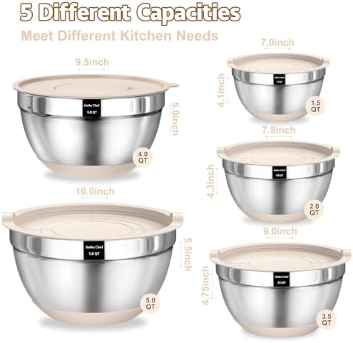 Umite Chef Mixing Bowls with Airtight Lids Set, 8PCS Stainless Steel Nesting Bowls with Grater Attachments, Non-Slip Bottoms, 5, 4, 3.5, 2, 1.5QT for Mixing & Serving - Image 2