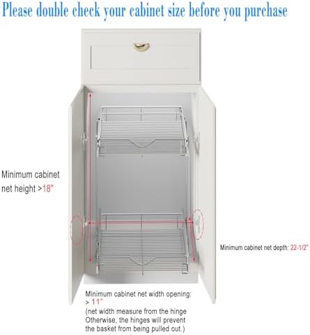 DINDON 2 Tier Pull Out Cabinet Organizer (11" W X 21" D), Double Tier Wire Basket Slide Out Shelf Storage for Kitchen Base Cabinet Organization ​for Kitchen, Pantry, Bathroom, Chrome - Image 3