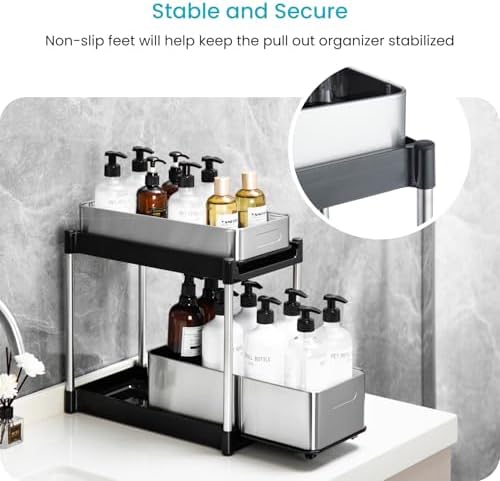 Home Zone Living 2-Tier Stainless Steel Cabinet Pull Out Organizer for Kitchen and Bathroom Storage - Image 5