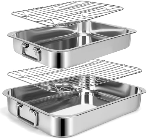2 Pcs 12.7"15.5" Stainless Steel Roasting Pans with Handles, Baking Pan for Oven with 2 Pcs Flat Racks, Heavy Duty, Dishwasher Safe Rectangular Lasagna Pan with Handles for Turkey Chicken, Silver by EsOfficce