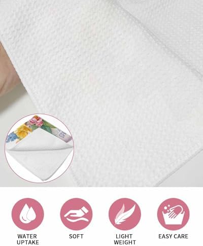 Spring Flowers Waffle Kitchen Hand Towels Set of 3, Watercolor Floral Leaves Butterflies Plant Absorbent Hair Dish Bath Tea Golf Microfiber Towel, Yoga Gym Workout Towel Dish Washcloth 15.7"x23.6" - Image 5