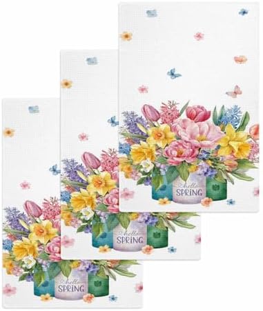 Spring Flowers Waffle Kitchen Hand Towels Set of 3, Watercolor Floral Leaves Butterflies Plant Absorbent Hair Dish Bath Tea Golf Microfiber Towel, Yoga Gym Workout Towel Dish Washcloth 15.7"x23.6" by Falaniique