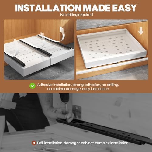 Seinloes 4 Pack Expandable (15.1"-26.3") Pull Out Cabinet Organizer 21" Deep With Raising Pad for Framed Cabinets,Upgrade 3 Slide Rails Slide Out Drawers,No Drill Roll Out Shelves Adhesive,White - Image 6