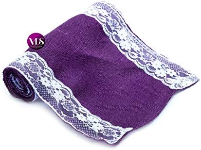 VDS Pack of 12, Burlap Table Runner with White Lace Edge, 100% Natural Jute Rustic Hessian Table Cloth Centerpiece for Wedding Birthday Party Banquet Table Decoration (Size 12X108 Inch)(Purple) - Image 3