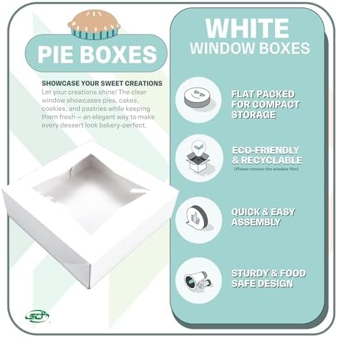 SCT White Window Bakery Boxes with Attached Flip Top, 4-Corner Beers Design, 8 x 8 x 2.5, White, Paper, 200/Carton - Image 3