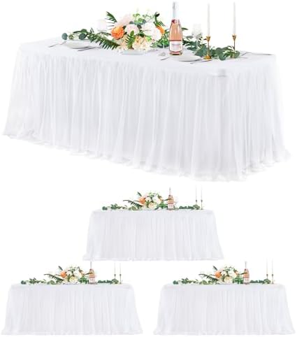4 Pack White Tulle Tablecloths for 8 Foot Rectangular Tables, 8ft White Tulle Table Skirt, Wrinkle Free Table Cover with Tutu Skirt for Wedding Bridal Shower Birthday Party Banquet Buffet Cake Event by Suppromo