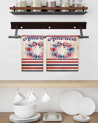 4th of July Hand Towels Set,Waffle Weave Kitchen Towels 2PCS,Country Patriotic USA Flag Bow Garland Stripes Microfiber Hair Face Bath Tea Towel Absorbent Quick Drying Cleaning Dish Cloths,15.7"x23.6" - Image 3