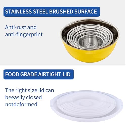 Yellow Mixing Bowls with Airtight Lids, Stainless Steel Nesting Mixing Bowls Set of 7, Ideal for Baking, Prepping and Serving Food, Size 7, 3.6, 2.7, 2.1, 1.5, 1.1,0.8 QT, Stackable Design - Image 4