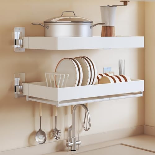 Wall-Mounted Stainless Steel Dish Drying Rack with Cutlery Holder,Hooks & Drainboard – Space-Saving Shelf for Plates,Bowls & Cups by Unknown