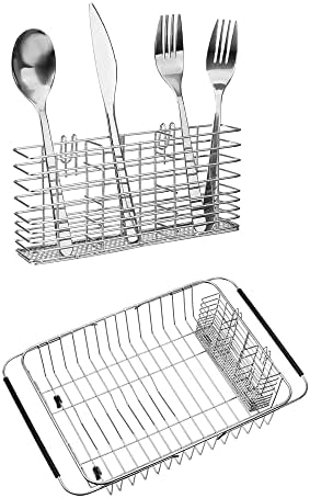 SANNO Stainless Steel Cutlery Utensil Holder Silverware Organizer Rack Dish Drying Rack with Stainless Steel Utensil Holder Large Dish Rack Drainer by SANNO