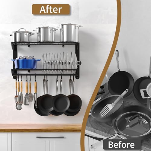 YIGII Wall Mounted Pot Rack 30 Inch, 2-Tier Kitchen Storage Shelf - Image 5