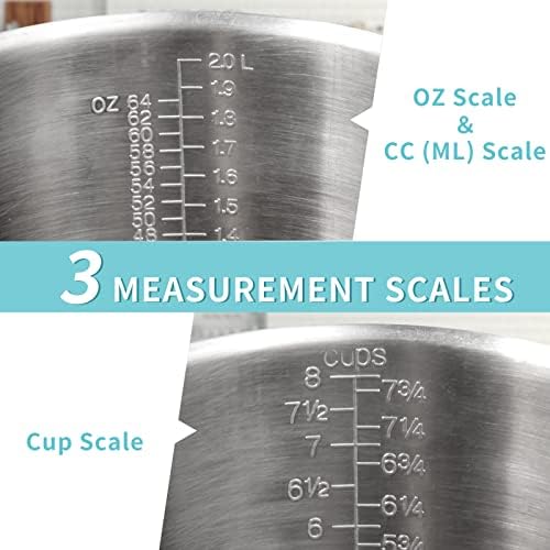 Newness 2 Pack Stainless Steel Measuring Cup, Metal Measuring Cup with Handle (Upgraded, 3 Marking Including Cup/ML/Ounce Scale), 16 Ounces (0.5 Liter, 2 Cup) & 64 Ounces (2.0 Liter, 8 Cup) - Image 2