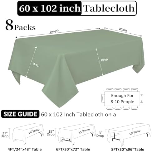 8 Pack Sage Green Tablecloth Rectangle 60 x 102 Inch for 6 Foot Tables - Image 2