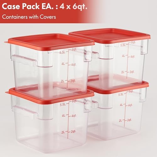 CURTA 4 Pack Food Storage Container with Red Lid - NSF Commercial Grade in 6.0 Qt - Square, Clear, Polycarbonate - Image 2