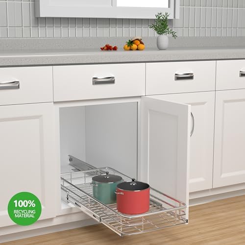 JOWBOOW Pull Out Shelves For Kitchen Cabinets 11" W x 21" D, Chrome | Heavy-Gauge Wire Kitchen Cabinet Organizer, 100 lbs Capacity, Ball-Bearing Glides, Min 12" Opening, Under Sink Organizer - Image 2