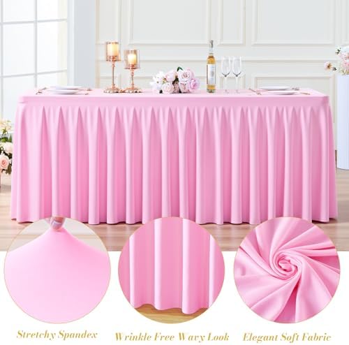 6 Pack Pink Rectangle Tablecloth 8 FT Stretch Spandex Fitted Table Cloth for 8 Foot Rectangle Tables Banquet Tablecloths Wrinkle Free Table Cover Skirt Ruffle Tablecloth for Party Wedding Birthday - Image 5