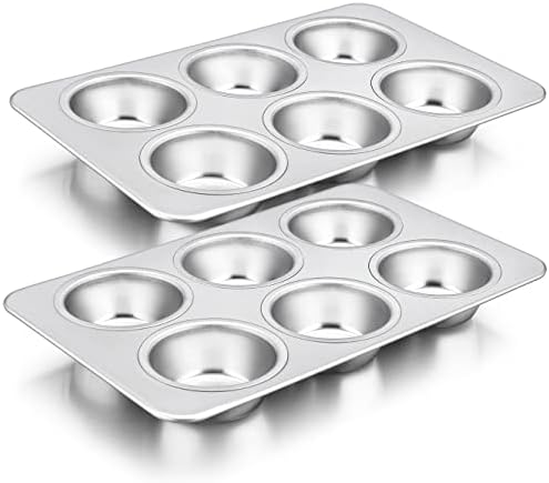 Herogo 2 Pack Stainless Steel Muffin Pan Tin for Baking, 6-Cup Metal Nonstick Cupcake Molds Tray Set for Making Egg Muffin, Mini Brownie, Easy to Clean & Quick Release, Oven & Dishwasher Safe by Herogo